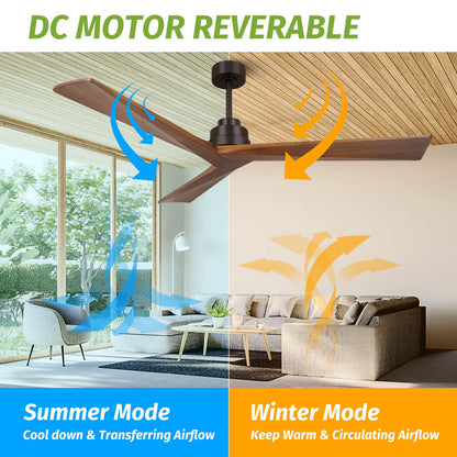 KAPOEFAN 60 Inch Ceiling Fan Without Light, Wood Ceiling Fans no Light, Modern Outdoor Ceiling Fans with Remote DC Motor 6 Speeds Quiet 8H Timer Black Solid Wooden Fan for Farmhouse Patio - WoodArtSupply