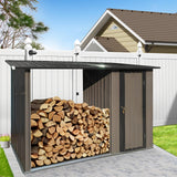 2-in-1 Metal Outdoor Storage Shed with Tool Locker & Firewood Storage, 8.75× 3.33 FT Firewood Shed - Weatherproof & Versatile, Steel Garden Sheds for Backyard Garden Patio Lawn - Brown Garden Tailor