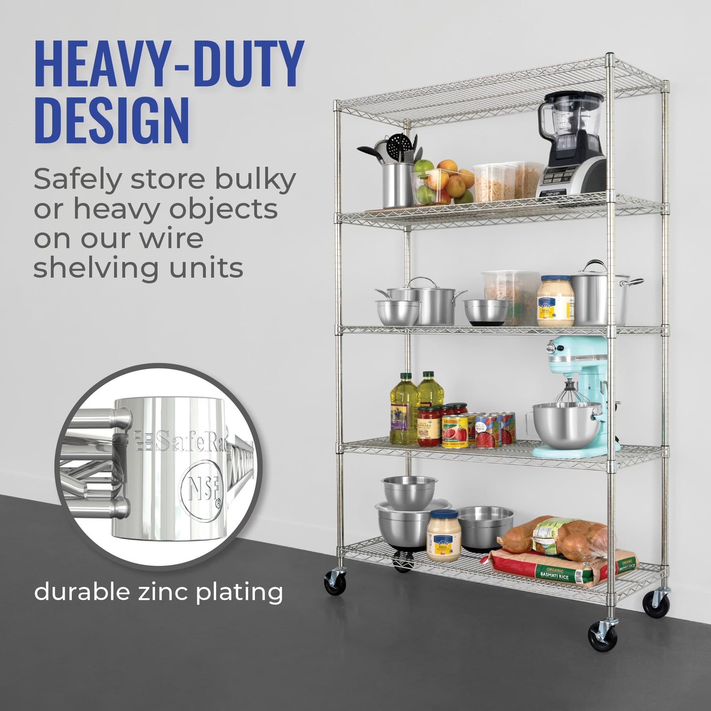 SafeRacks NSF Certified Storage Shelves, Zinc, Heavy Duty Steel Wire Shelving Unit with Wheels and Adjustable Feet, Garage or Bakers Rack Kitchen Shelving, Pantry Shelf - (18"x48"x72" 5-Tier)