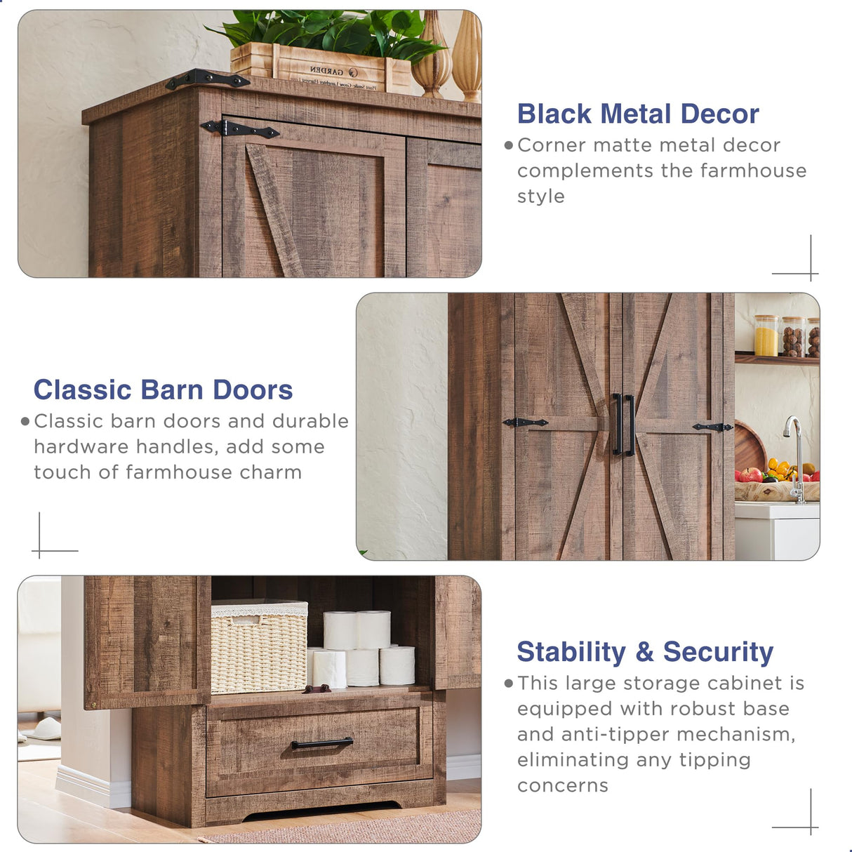 JXQTLINGMU Farmhouse Kitchen Pantry Cabinet - 72" Tall Wood Kitchen Storage Cabinets with Adjustable Shelves & 2 Barn Doors & Drawer, Versatile Storage for Dining Room, Bathroom, Light Brown JXQTLINGMU