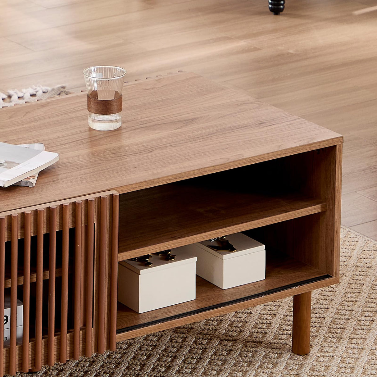 Bonzy Home 44’’ Mid Century Modern Coffee Table with Storage, Wood Center Table with Sliding Door and Open Shelves for Living Room (Walnut) Bonzy Home