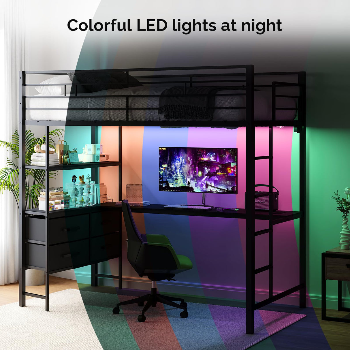 VINGLI Full Metal Loft Bed Frame with L-Shaped Desk, 15 Inches Guardrail, Non-Slip Ladder, 2 Charging Stations, Storage Shelves/4 Drawers/LED Lights, for Kids Teens Adults, No Box Spring Needed, Black VINGLI