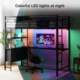 VINGLI Full Metal Loft Bed Frame with L-Shaped Desk, 15 Inches Guardrail, Non-Slip Ladder, 2 Charging Stations, Storage Shelves/4 Drawers/LED Lights, for Kids Teens Adults, No Box Spring Needed, Black VINGLI