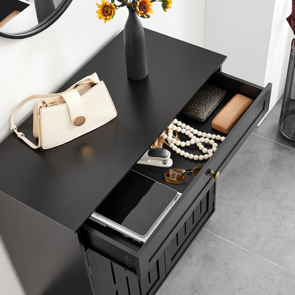 Yaheetech Shoe Cabinet, 4-Tier Shoe Storage Cabinet with Drawer & Adjustable Shelves, Wooden Shoe Rack Organizer with Louvered Doors for Entryway, Hallway, Bedroom, Closet, Living Room, Black Yaheetech