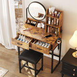 Makeup Vanity Desk with Round Mirror and Lights, Vanity Makeup Table with Hair Dryer Rack, Small Vanity Table for Bedroom with Lots Storage (Brown with Charging, 15.75 * 31.5 * 53.6in) Vabches