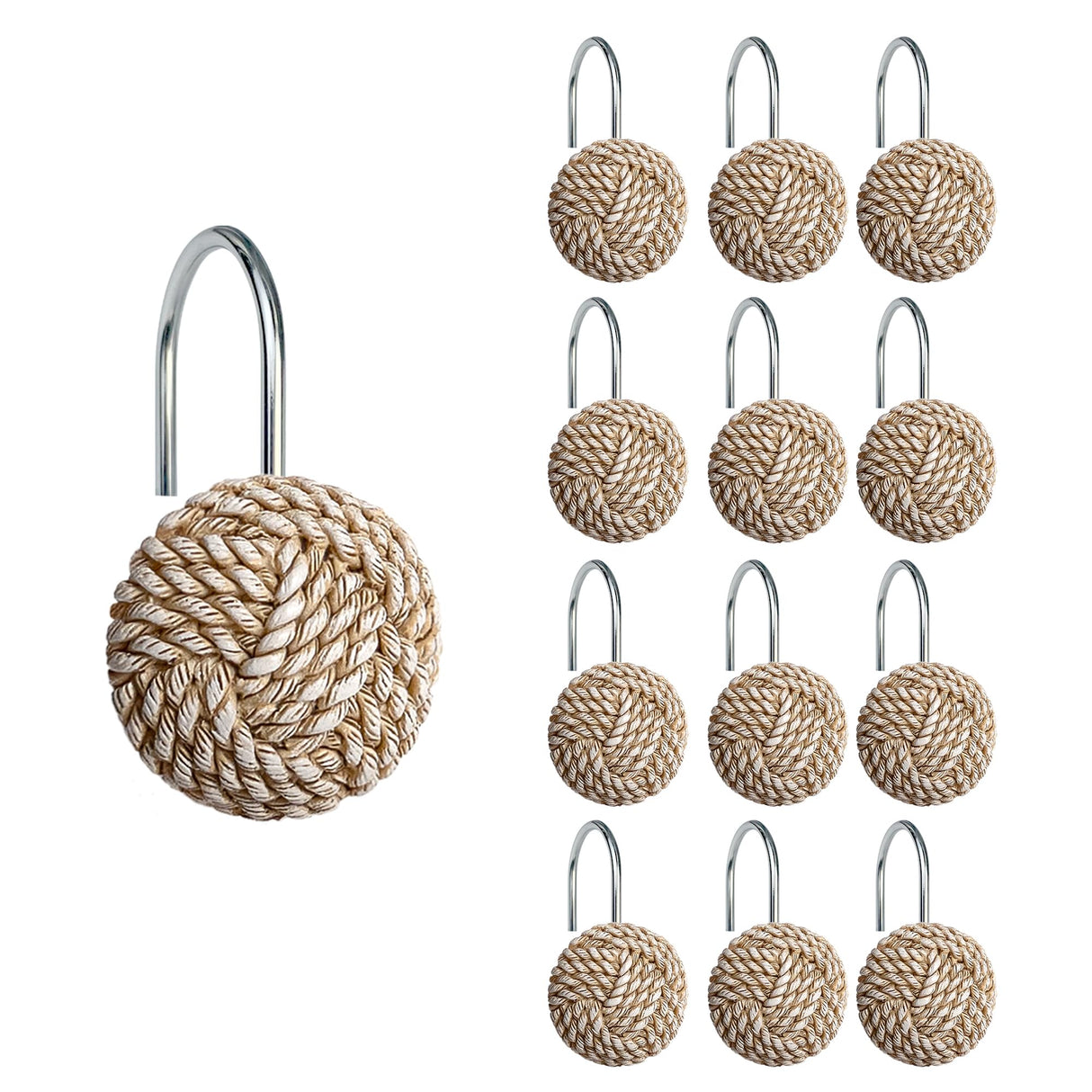 Sunlit Boho Knots Shower Curtain Hooks, Home Decorative Shower Curtain Rings for Bathroom, Seaside Nautical Shower Curtain Hangers Bathroom Accessories, Set of 12 Sunlit