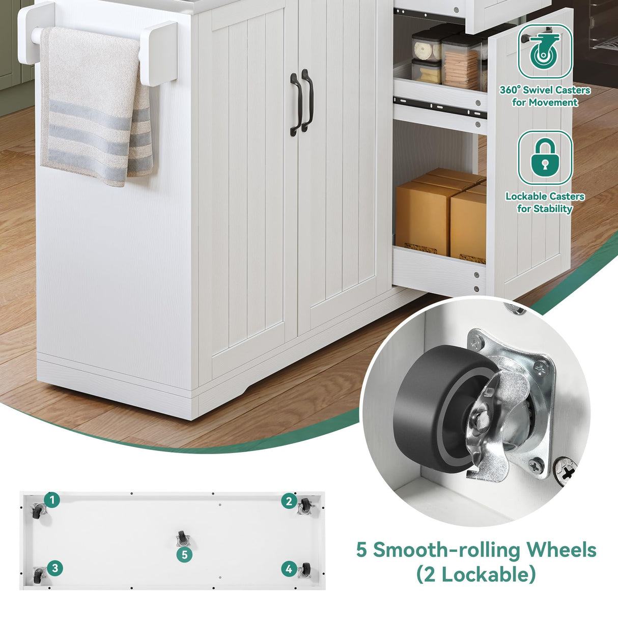 YITAHOME Kitchen Island with Stainless Steel Top, 54" Drop Leaf Kitchen Island with Storage, Rolling Carts with Pull-Out Cabinet, 3 Tier Slide Out Drawers & Shelves, 2 Doors Storage for Dining,White YITAHOME