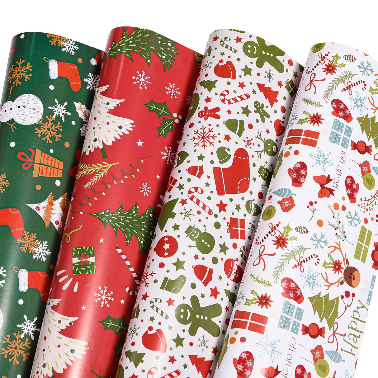 PlandRichW Christmas Wrapping Paper Folded for Kids Boys Girls Man Women Gift's. Papercraft Snowmen, Candy Canes, Tree, Socks, Snowflakes, Happy New Year Bulk of 12 Sheets 20"x 29" Folded PlandRichW