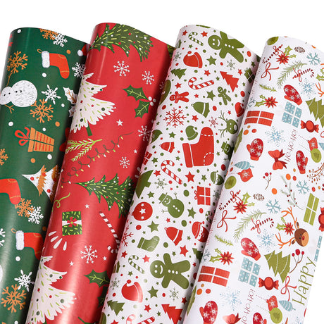 PlandRichW Christmas Wrapping Paper Folded for Kids Boys Girls Man Women Gift's. Papercraft Snowmen, Candy Canes, Tree, Socks, Snowflakes, Happy New Year Bulk of 12 Sheets 20"x 29" Folded PlandRichW