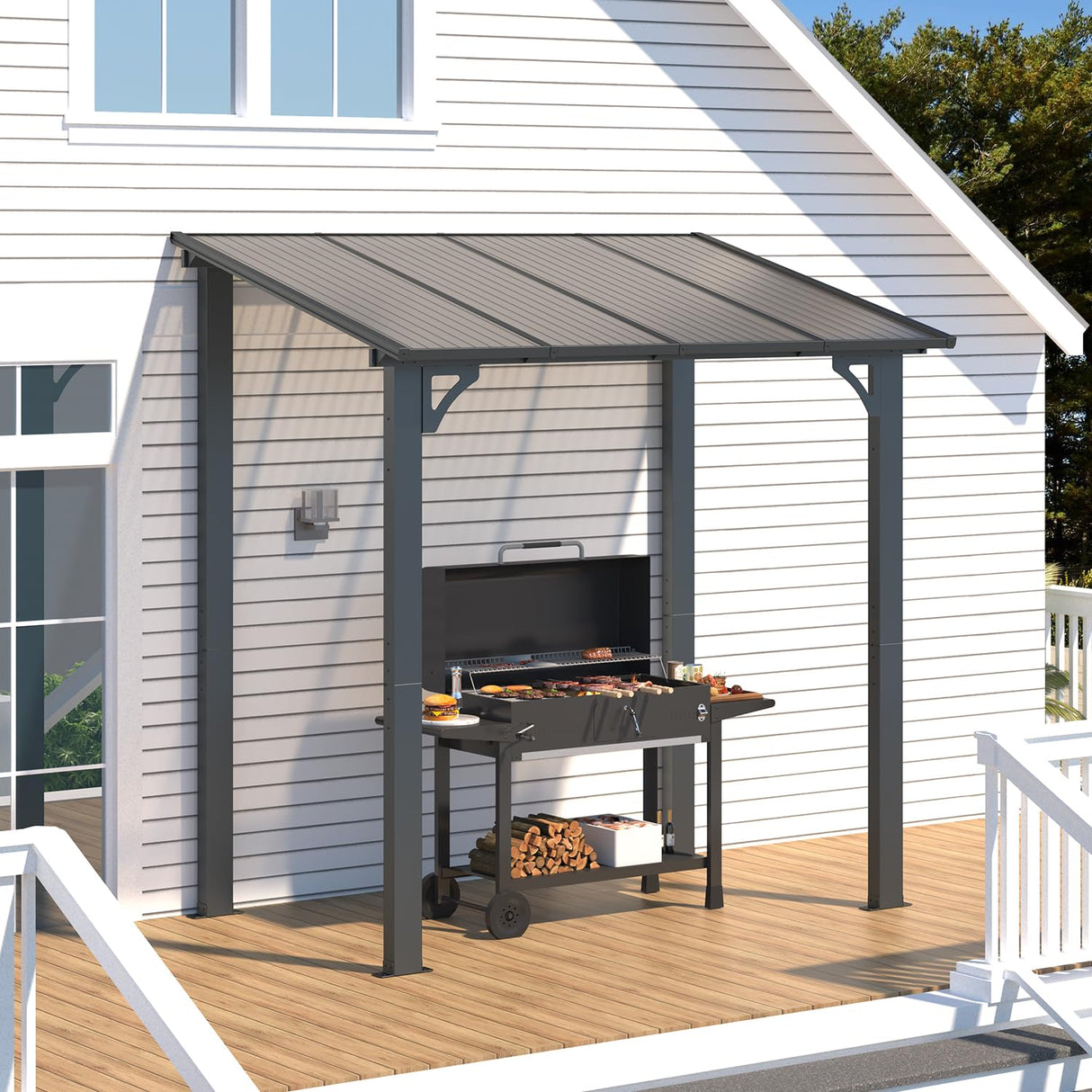 AECOJOY 8' x 5' Gazebo Outdoor Pergola for Patio, Lean to Hard Top Grill Gazebo Shelter Pergolas and Gazebos Clearance with Roof, Small Wall-Mounted Heavy Duty Awnings for Patio, Decks, Backyard AECOJOY
