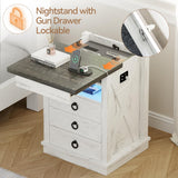 Lvifur Farmhouse Nightstand with Gun Drawer, Human Sensor LED Bedside Table with LED Lights & Charging Station, Rustic Wood Sofa Side End Table with 3 Drawers for Bedroom (Antique White) Lvifur