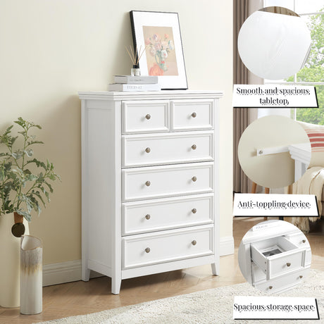 Ball & Cast Farmhouse 6 Drawer Dresser, Chest of Drawers with Vintage Carved Flower Handle and Wood Grain Tabletop, Anti-Tipping Design,31.5" Wide Storage Organizer for Bedroom, Living Room,White Ball & Cast