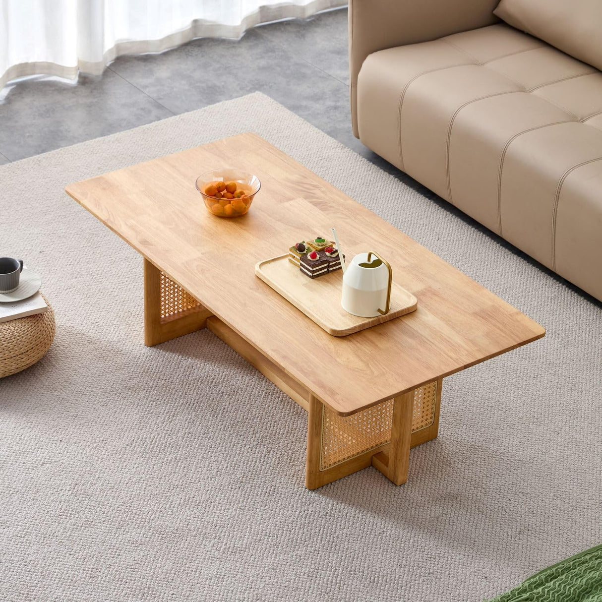LKTART Modern Imitation Rattan Coffee Table Rectangular Solid Wood Table Top Cross Table Legs for Living Room Bedroom Office LKTART