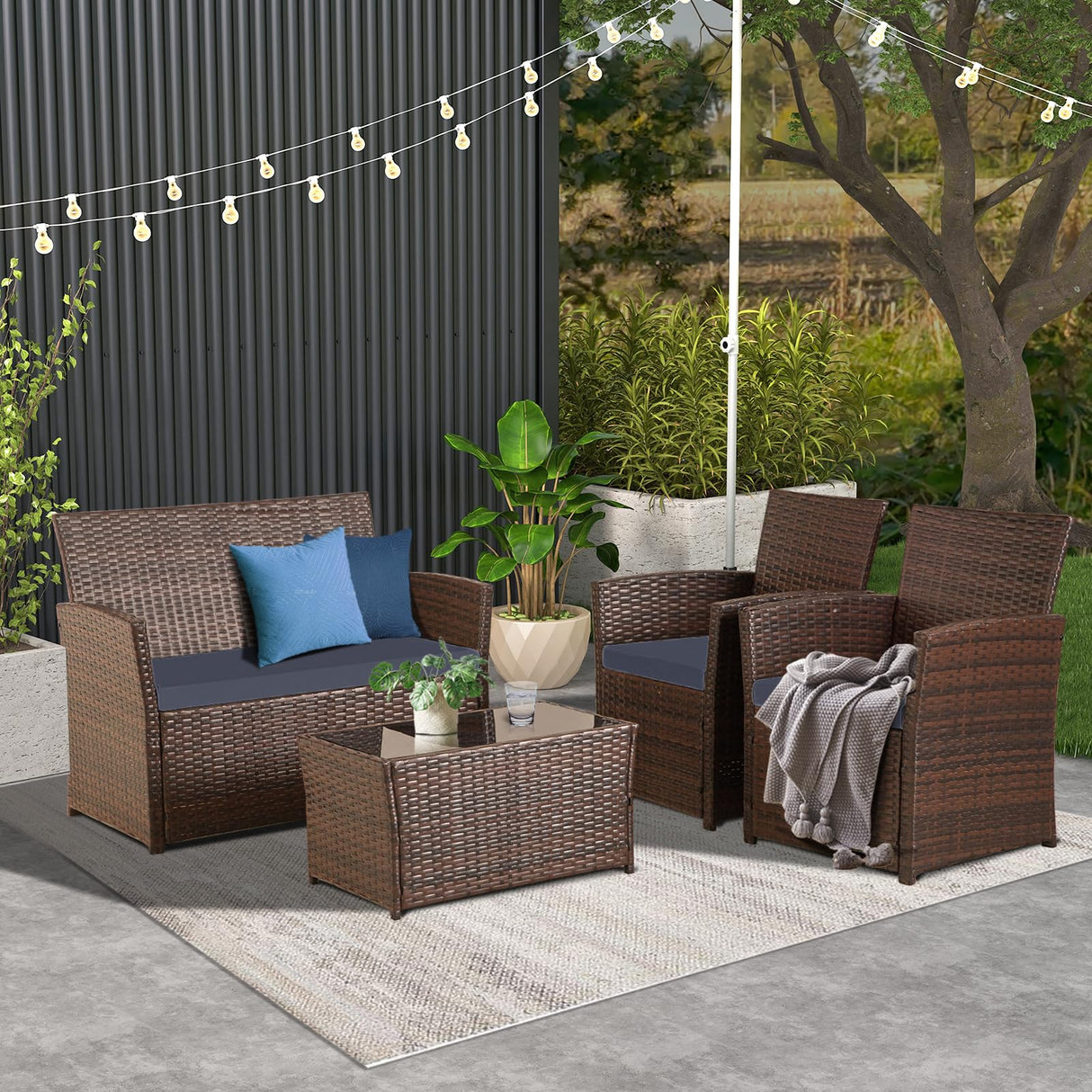 PORWEY Patio Outdoor Furniture 4 Pieces Sectional Sofa Set Balcony Furniture Wicker Rattan Chairs with Table and Loveseat for Garden, Porch, Backyard, Brown Wicker/Blue Cushion PORWEY