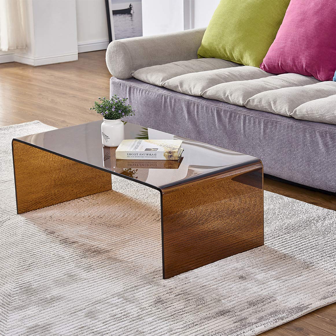 Premium Tempered Glass Coffee Table,Clear Coffee Table, Small Modern Coffee Table for Living Room,Match Well with Rug (Brown, 39.4"x19.7"x13.8") FENGHUA GLASS HOME