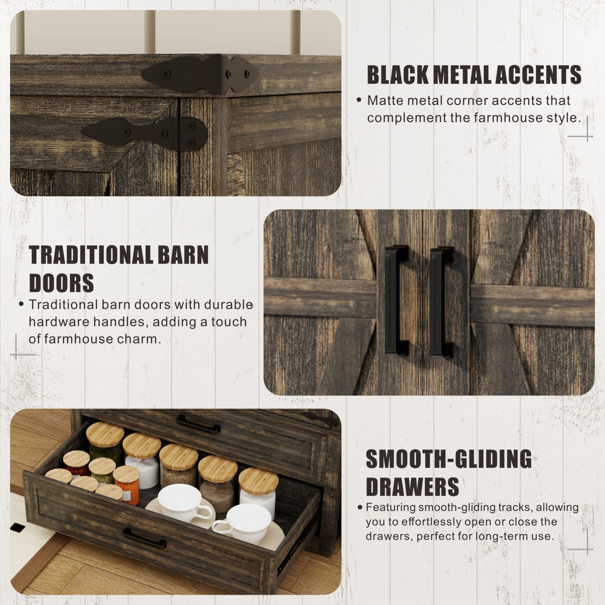 GlasFlength Pantry Adjustable Shelves Tall Farmhouse Storage Cabinet with 2 Drawers&Doors, 69" Rustic Wood Cupboard with LED Light, Brown GlasFlength