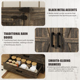 GlasFlength Pantry Adjustable Shelves Tall Farmhouse Storage Cabinet with 2 Drawers&Doors, 69" Rustic Wood Cupboard with LED Light, Brown GlasFlength