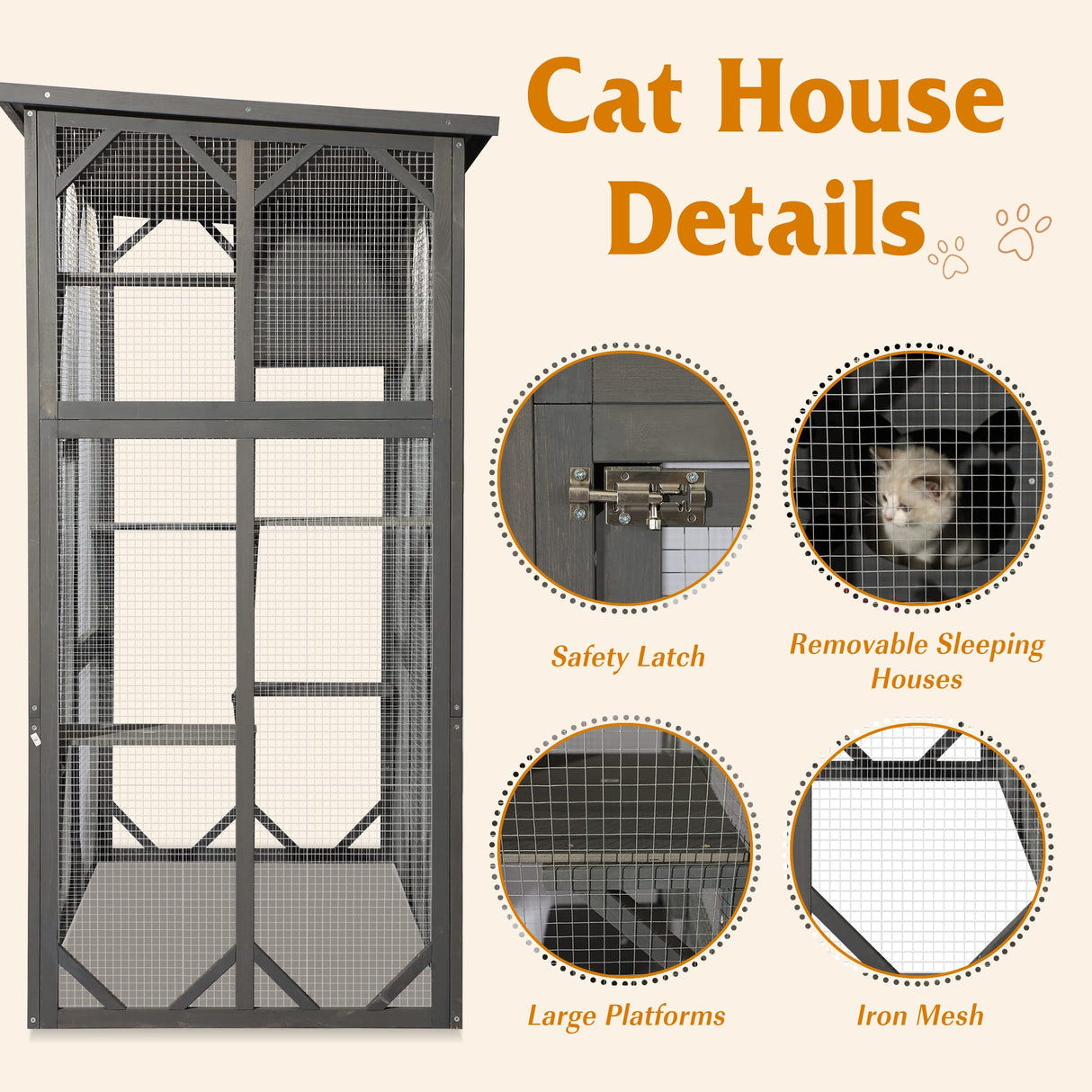 Grepatio Cat Enclosure Large Outdoor Catio Wooden Cat House with Weatherproof, Cat Cage Condo Indoor Playpen with Platform and Small House(Grey) Grepatio