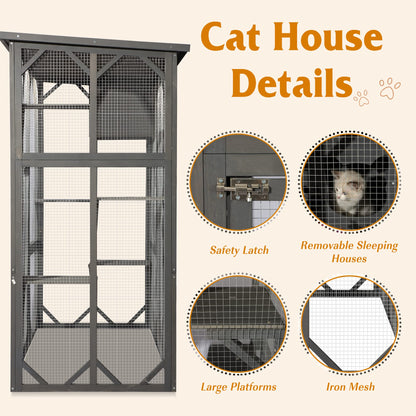 Grepatio Cat Enclosure Large Outdoor Catio Wooden Cat House with Weatherproof, Cat Cage Condo Indoor Playpen with Platform and Small House(Grey)