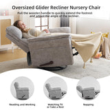 Rhevoy Oversized Glider Rocker Recliner, 26" Extra Wide 360° Swivel Nursery Recliner with Adjustable Headrest, Chenille Rocking Nursery Chair with Overstuffed Armrest, Lumbar Support, Light Grey Rhevoy