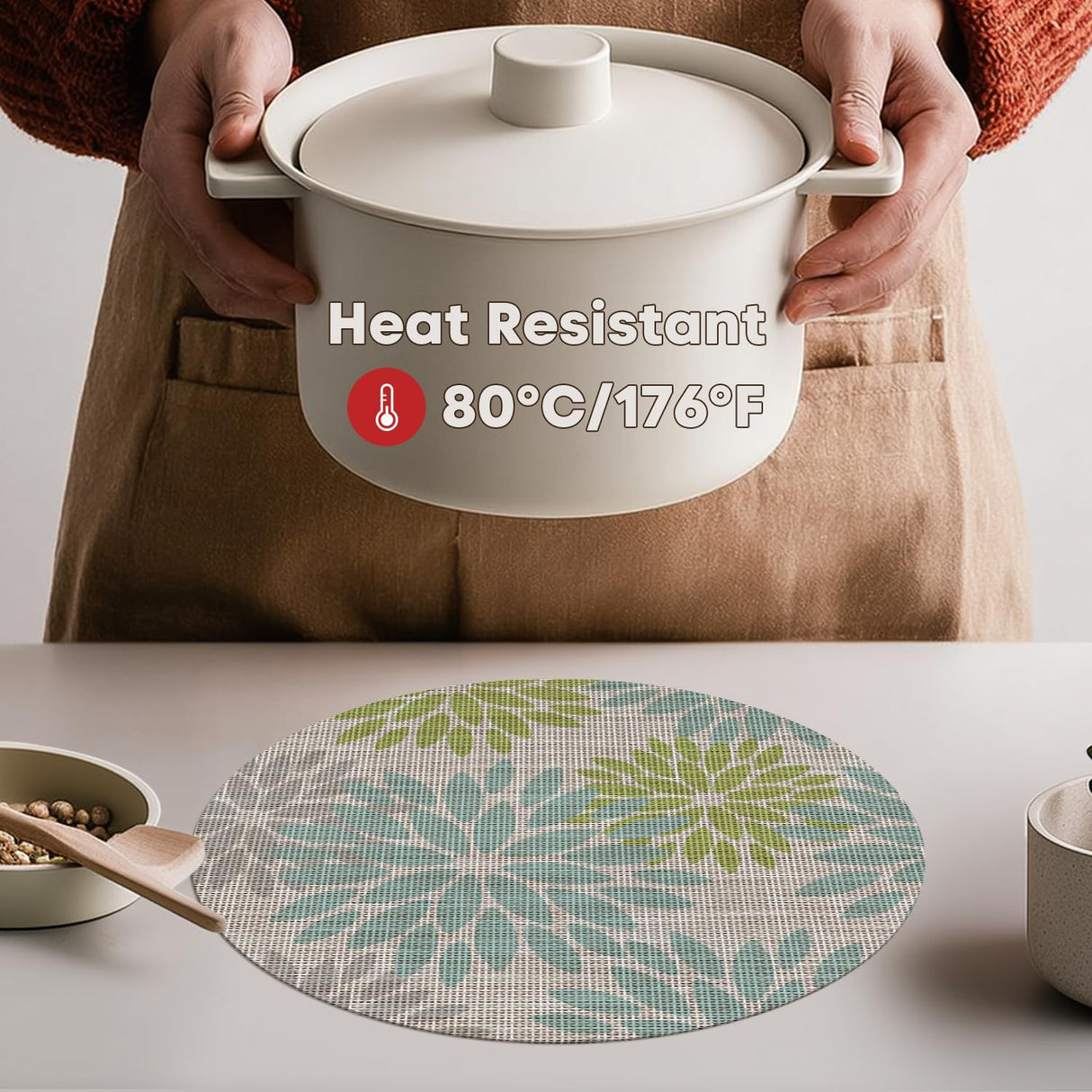 Artoid Mode Light Green Dahlia Plastic Round Placemats Set of 4, 14 Inch Seasonal Wipeable Woven Vinyl Table Mats for Farmhouse Party Kitchen Dining Decor Artoid Mode