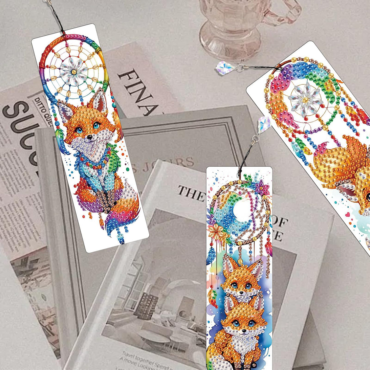 TDFERAN 4PCS Diamond Bookmarks Dreamcatcher Fox Diamond Painting Kits with Tassels Pendants DIY Rhinestones Paint Bookmark for Writers Readers Funny Bookmarks Colored Gem Animal Bookmark TDFERAN