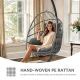 YITAHOME Hanging Egg Chair, Outdoor Patio Wicker Hammock Egg Chair Indoor with Cushion, Rattan Swing Chair 350lbs for Balcony, Garden Bedroom, Gray with Stand YITAHOME