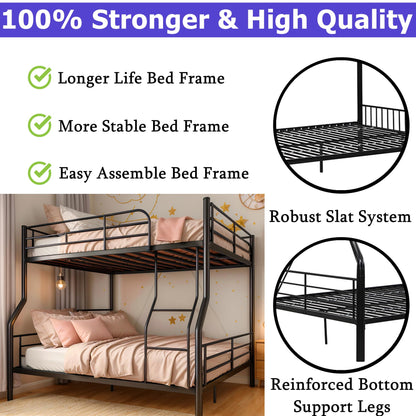 Movdevy Metal Full XL Over Queen Bunk Bed for Kids Adults Teens Boys, Stronger Metal Queen Size Bunk Beds, Heavy Duty Bunk Bed Full XL Over Queen with Ladder & Guardrail, No Box Spring Need (Black)