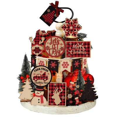 Funnymoom 17 Pcs Christmas Tiered Tray Decor Red and Black Buffalo Plaid Wood Signs Farmhouse Rustic Christmas Table Decorations Centerpieces Wooden Blocks for Xmas Winter Home Winter Party Decor
