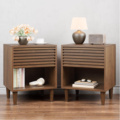 Alohappy Nightstand Set of 2, Mid Century Modern Nightstand, Wood Fluted Bedside Table with Drawer and Storage for Bedroom, Side Table, Accent Table, End Table for Living Room, Brown, 2pcs