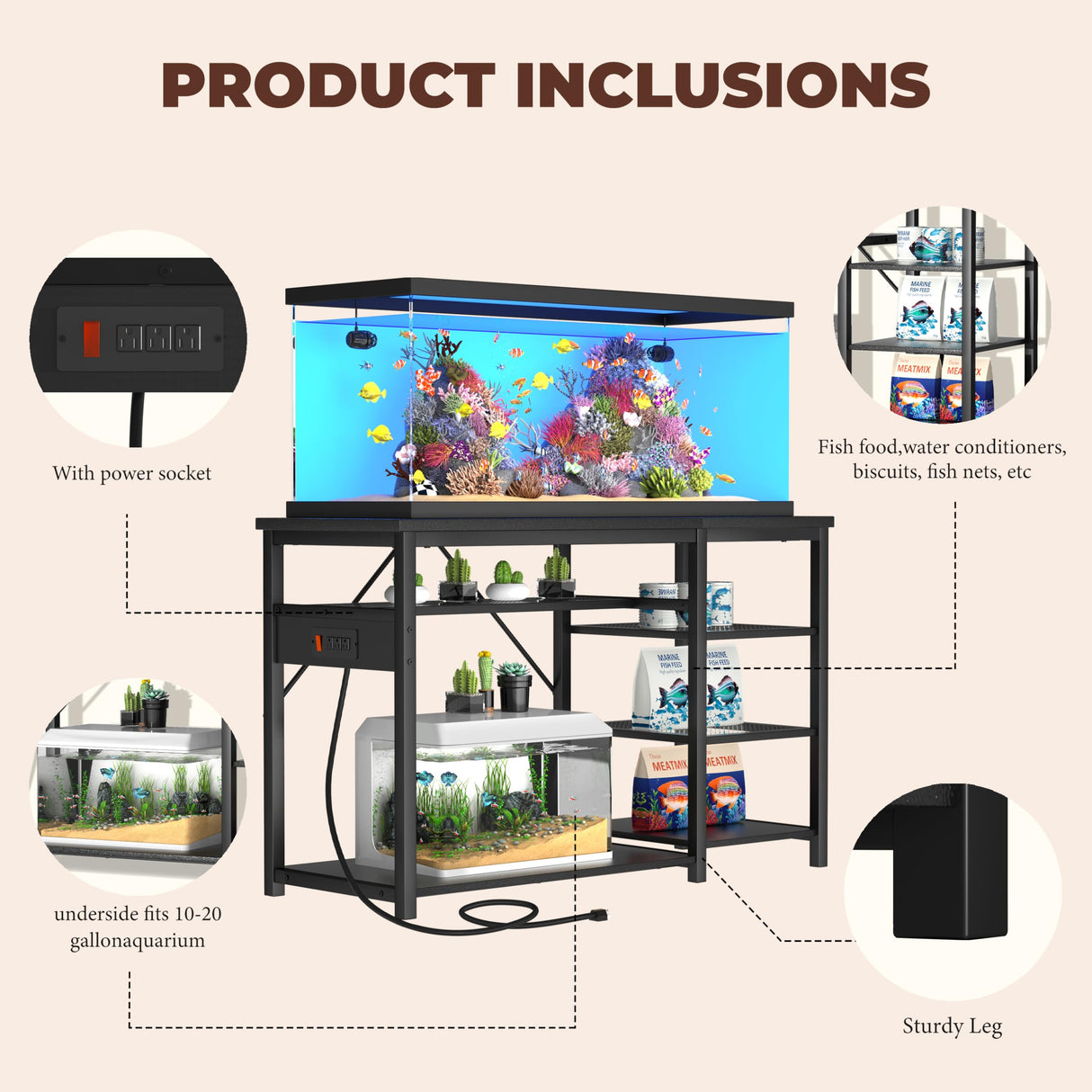 GRLEAF 55-75 Gallon Aquarium Stand: 1200LB Capacity, Built-In Power Outlets, 3-Tier Shelves for Fish Tank Accessories Storage, Heavy-Duty Steel/Wood Hybrid for Fish & Reptile Tanks | Excludes Tank GRLEAF