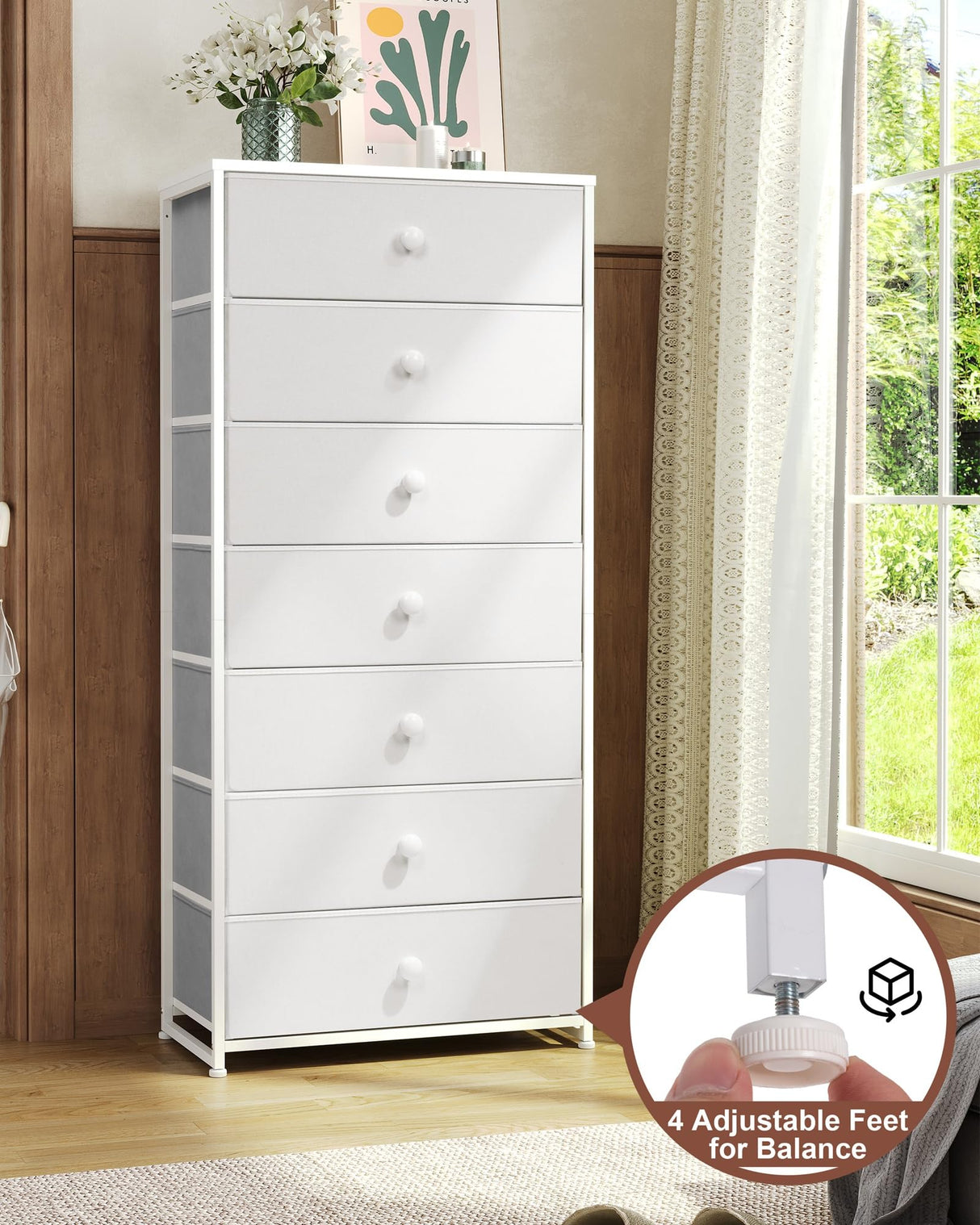 Crestlive Products Tall Dresser, 7-Drawer Wide Fabirc Storage Tower, Chests of Drawers - Vertical Organizer Unit for Bedroom, Hallway, Entryway, Nursery, Wood Top, Closets with Handles (White) Crestlive Products