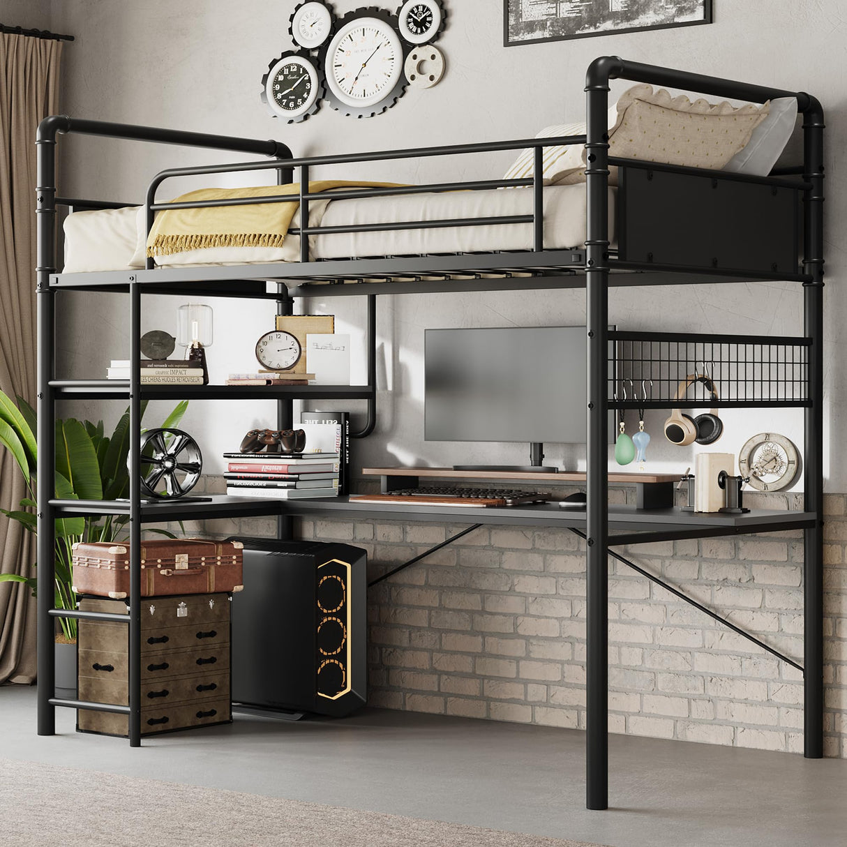 GarveeHome Loft Bunk Bed with L-Shaped Desk,Twin Loft Bed with Desk Underneath,Metal Bunk Beds with High Guardrail and Ladder for Kids/Teens/Adults,Easy Assembly, Vintage Black GarveeHome