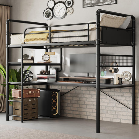 GarveeHome Loft Bunk Bed with L-Shaped Desk,Twin Loft Bed with Desk Underneath,Metal Bunk Beds with High Guardrail and Ladder for Kids/Teens/Adults,Easy Assembly, Vintage Black GarveeHome