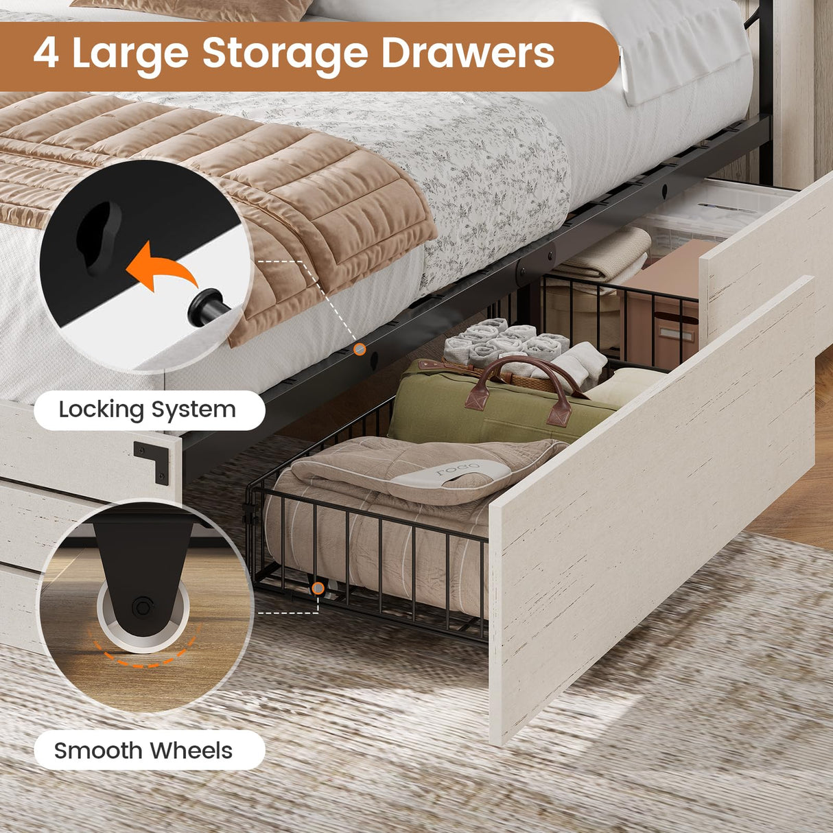 VIAGDO Wooden Bed Frame Queen Size with Bookcase Headboard and Sliding Barn Door, Farmhouse Queen Bed Frame with Charging Station, LED Lights and 4 Storage Drawers, No Box Spring Needed, White VIAGDO