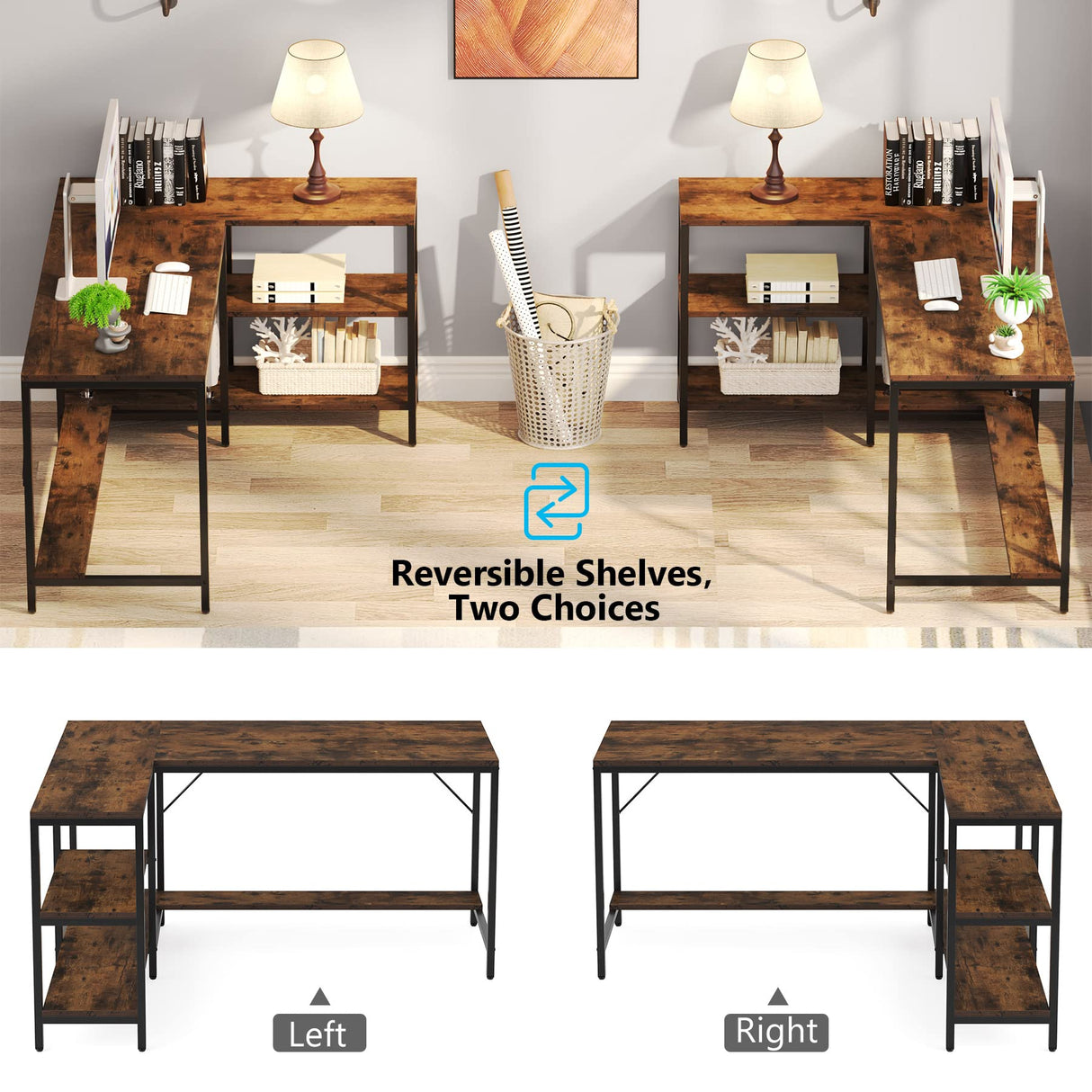 Tribesigns L Shaped Desk with Storage Shelves, Reversible Computer Desk Gaming Desk for Home Office Workstation, Rustic Brown Tribesigns