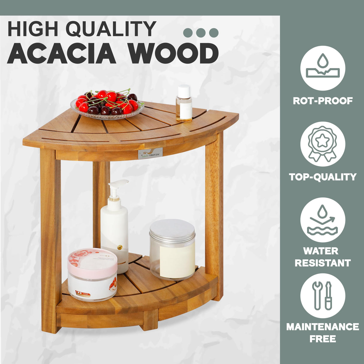 VICTORY RELAX Acacia Corner Shower Stool, Waterproof Spa Foot Rest & Bath Bench with Storage Shelf & Soap Dish, Ideal for Bathroom, Shaving Legs, or as Small Corner Table/Step Stool (Natural) VICTORY RELAX
