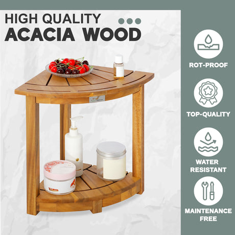 VICTORY RELAX Acacia Corner Shower Stool, Waterproof Spa Foot Rest & Bath Bench with Storage Shelf & Soap Dish, Ideal for Bathroom, Shaving Legs, or as Small Corner Table/Step Stool (Natural) VICTORY RELAX