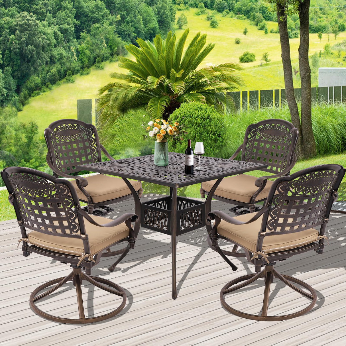Grepatio 5 Piece Cast Aluminum Patio Dining Set Outdoor Furniture Set with 4 Mesh Swivel Rocker Ding Chairs, 4 Khaki Cushions and 35.4" Square Patio Table 2.4" Umbrella Hole, Antique Bronze Grepatio