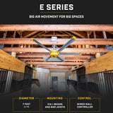 Big Ass Fans E-Series 7 ft Industrial 6 Blade Ceiling Fan Gearless Direct Drive Motor, High Volume Low Speed, Wired Wall Controller, 110-125V/1ph - Silver/Yellow Big Ass Fans