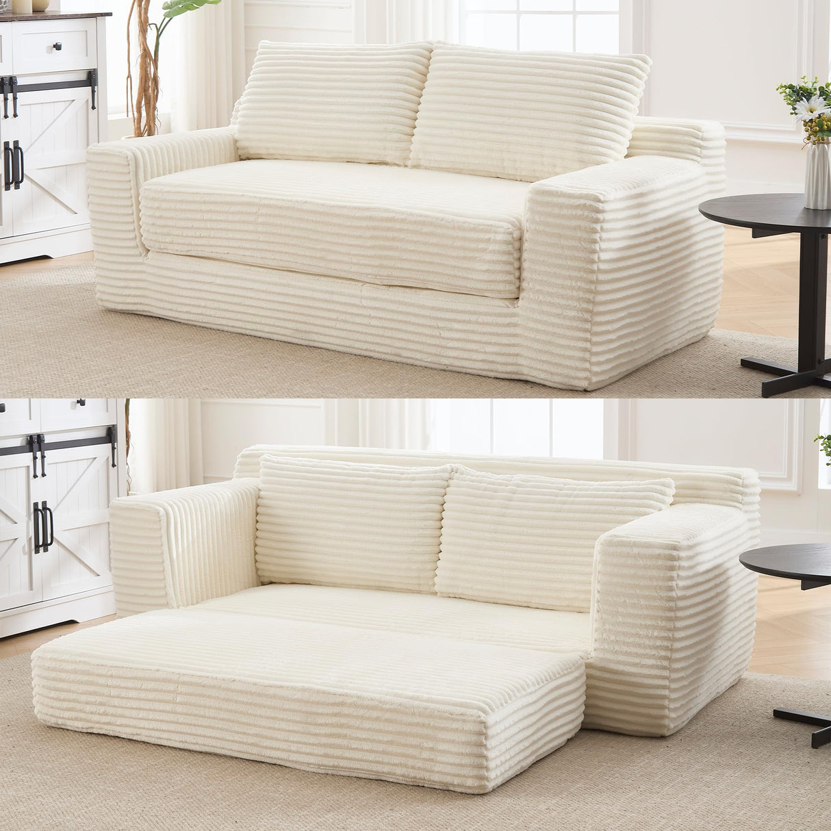 GNIXUU Corduroy Cloud Loveseat Sofa, 2 in 1 Convertible Sleeper Sofa with Fixed-Shape Frame, Comfy Folding Boneless Love Seat Couches for Living Room, Apartment, Small Spaces Beige GNIXUU