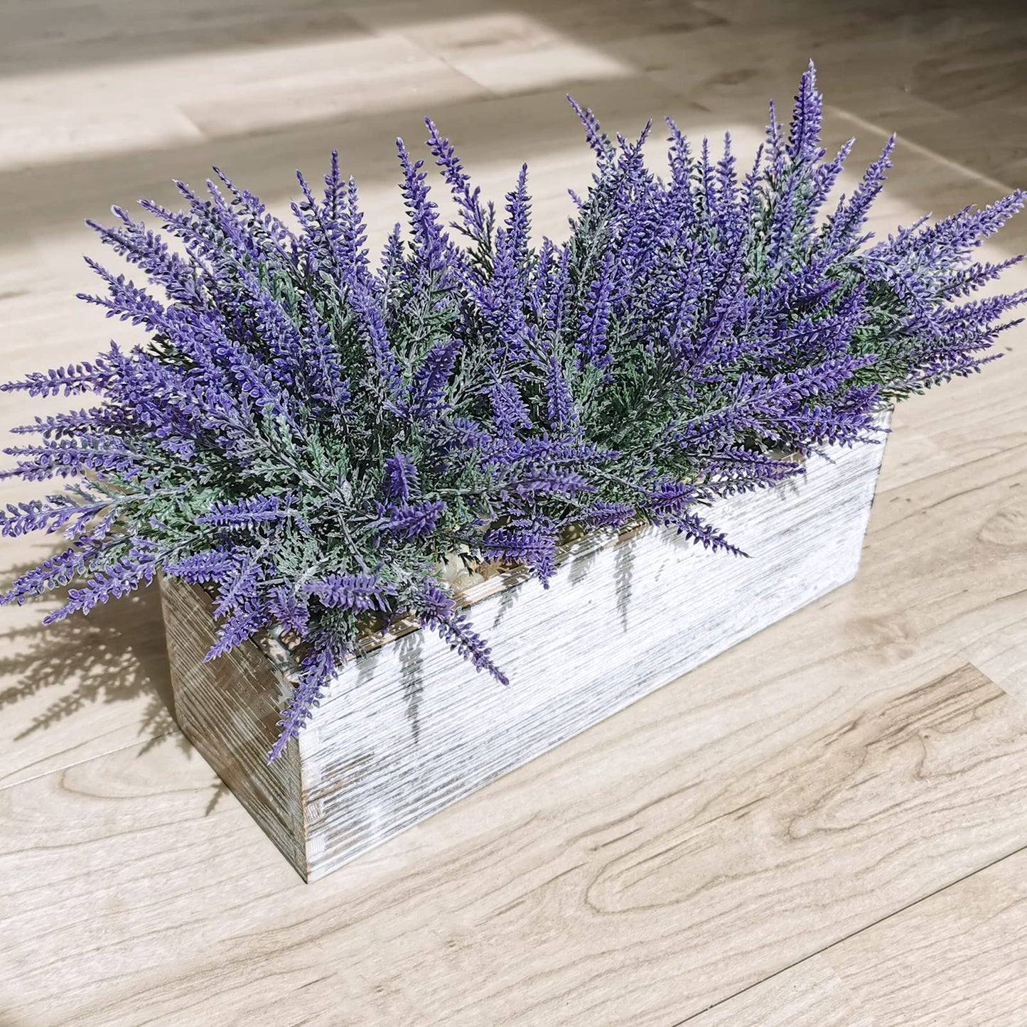 Fake Lavender Flower Arrangement in Rustic Rectangular Wood Planter Box Artificial Potted Lavender Plant for Gifts Farmhouse Wedding Centerpiece Kitchen Windowsill Table Shelf Indoor Greenery Decor