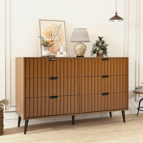 Furnivado Fluted Dresser for Bedroom with 6 Drawers, 47'' Wide Modern Dresser with Metal Handle, Natural Wood Dressers Organizer with Blister Drawers for Bedroom, Brown Furnivado