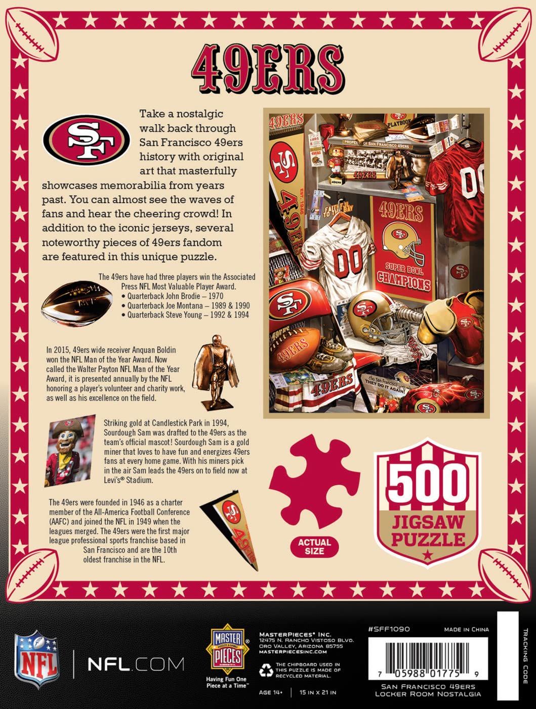 MasterPieces Game Day 500 Piece Jigsaw Puzzle for Adults - NFL San Francisco 49ers Locker Room - 15"x21" Masterpieces