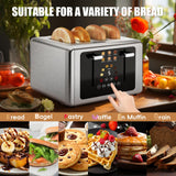whall 4 Slice Touch Screen Toaster, Stainless Steel Toasters Digital Timer, Dual Control Panel Toasters，6 Shade Settings＆6 Bread Types, Smart Wide Slots, Bagel, Cancel, Defrost, Flat lever Stainless whall