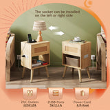 WLIVE Rattan Nightstand with Charging Station, Boho Night Stand, Small Bedroom Side Table, End Table with Drawer and Storage, Wood Bedside Table for Bedroom, Small Spaces, Natural Oak WLIVE