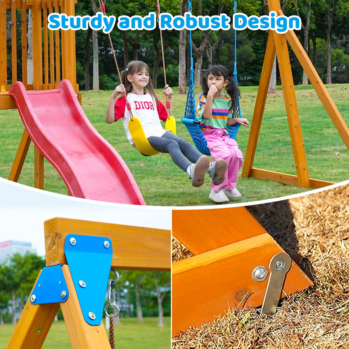 Suniboxi Swing-Sets with Monkey Bars for Backyard, Wooden Playground Set for Kids Ages 3-6, Outdoor Playset with Wave Slide, Play Deck, Rock Wall Ladder, Belt Swings & Canopy for Toddlers to Big Kids SuniBoxi