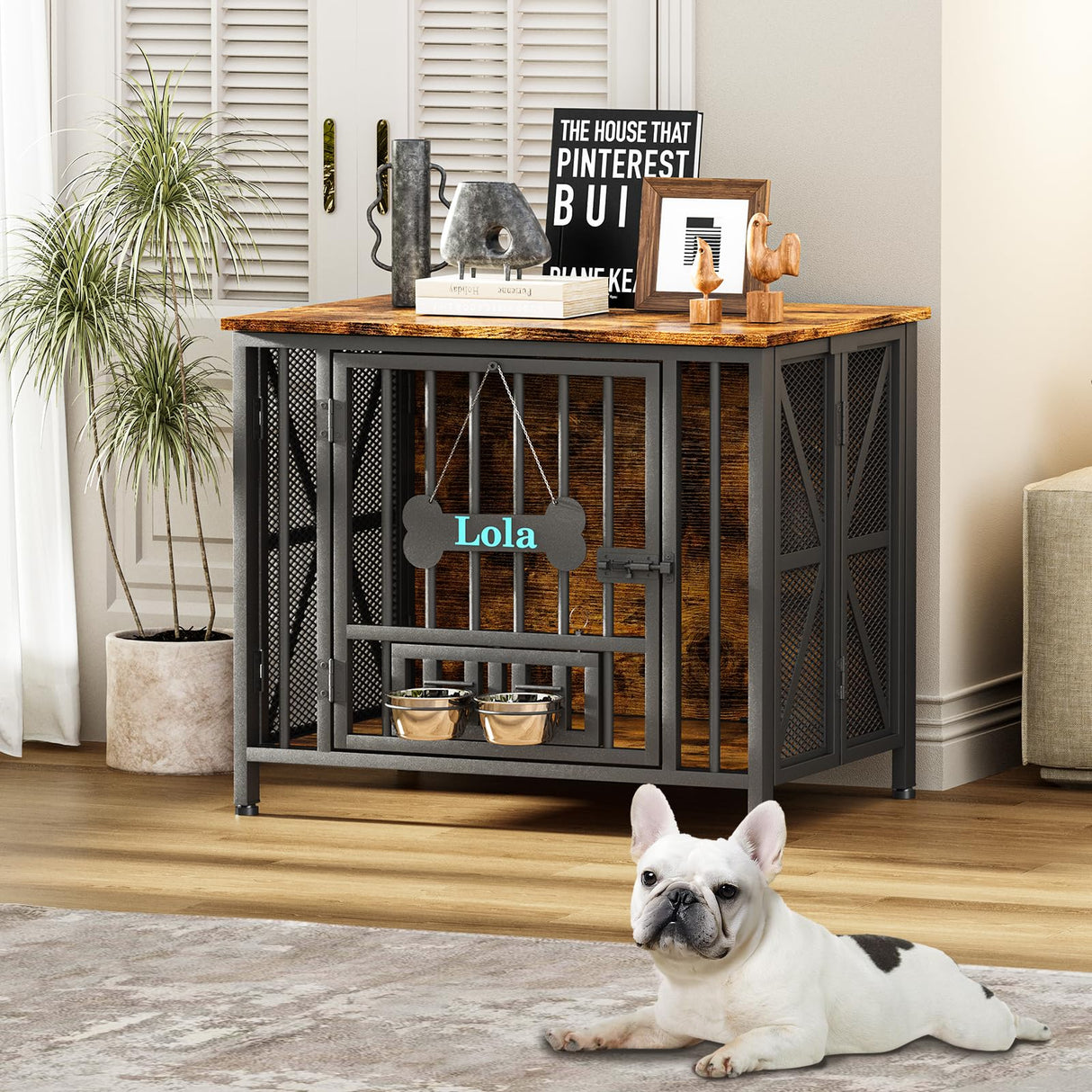 Easycom Dog Crate Furniture, 31.5" Assembly-Free Dog Crates for Small & Medium Dogs, Foldable Dog Kennel Indoor with Tag & Adjustable Dog Bowls, Wooden Dog Cage Use as End Table, Rustic Brown EasyCom