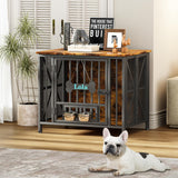 Easycom Dog Crate Furniture, 31.5" Assembly-Free Dog Crates for Small & Medium Dogs, Foldable Dog Kennel Indoor with Tag & Adjustable Dog Bowls, Wooden Dog Cage Use as End Table, Rustic Brown EasyCom