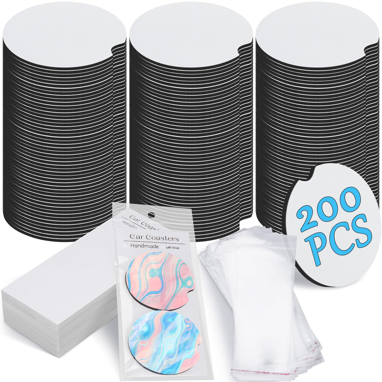 Tioncy 400 Pcs Sublimation Car Coaster Blank Set, 200 Pcs 2.76'' Blank Sublimation Coaster 100 Self Adhesive Bag 100 Sublimation Car Coaster Display Card for Thermal Sublimation DIY Craft (White) Tioncy